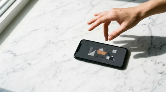 Vue aérienne d'un panier d'achat rempli abandonné sur l'écran d'un smartphone moderne posé sur une surface de bureau épurée