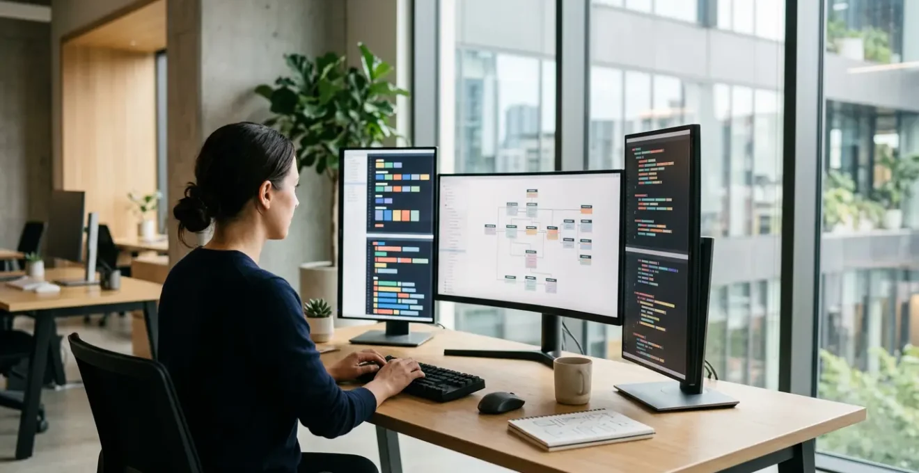 Développeur analysant une documentation d'API complexe sur plusieurs écrans dans un environnement de travail moderne