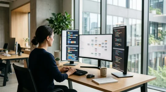 Développeur analysant une documentation d'API complexe sur plusieurs écrans dans un environnement de travail moderne