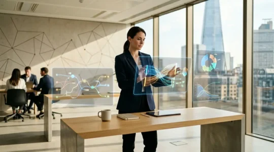 Professionnel analysant des données de fidélisation sur tablette avec écrans d'application mobile en arrière-plan