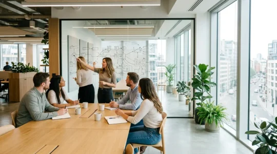 Stratégie d'attraction client dans le marketing digital représentée par un espace de travail moderne