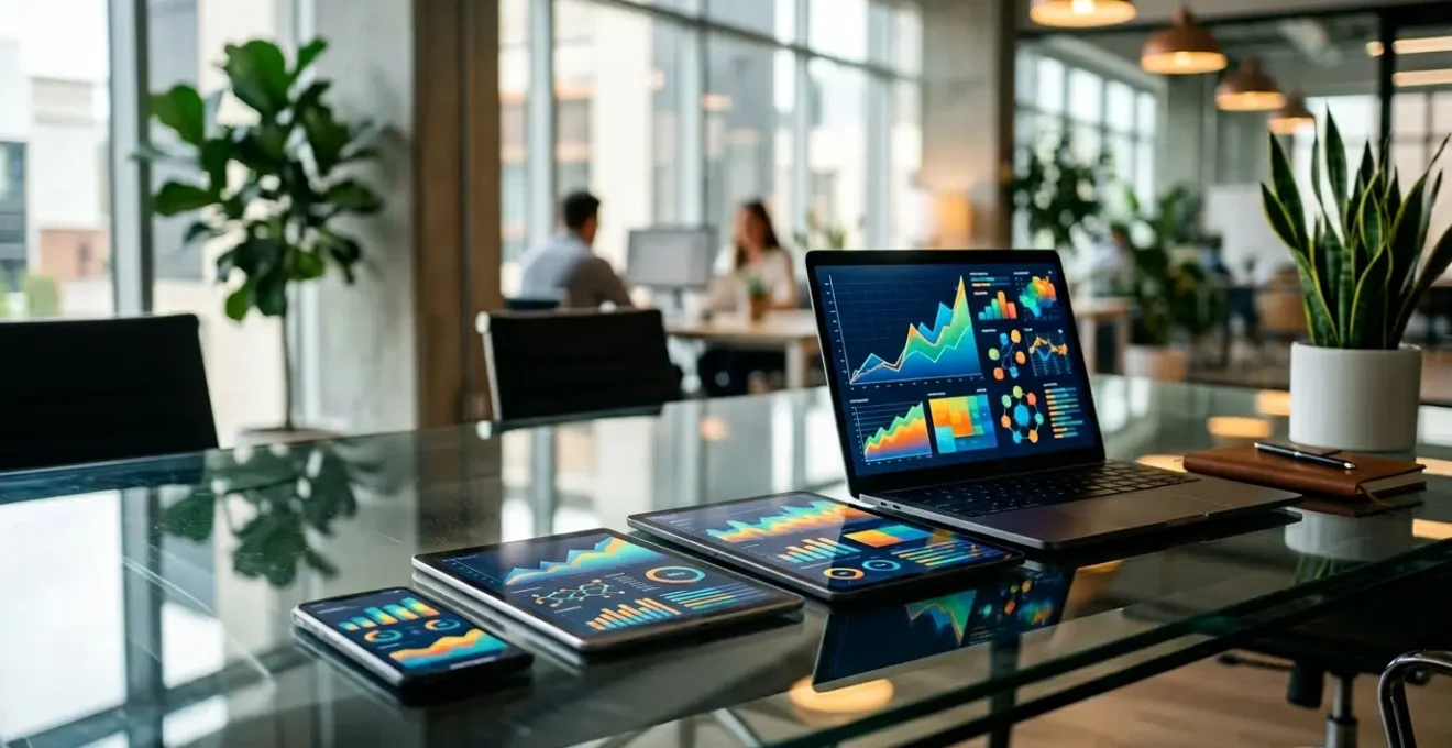 Tableau de bord digital montrant la progression de la valeur client avec graphiques ascendants et indicateurs de performance