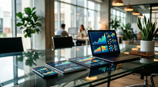 Tableau de bord digital montrant la progression de la valeur client avec graphiques ascendants et indicateurs de performance