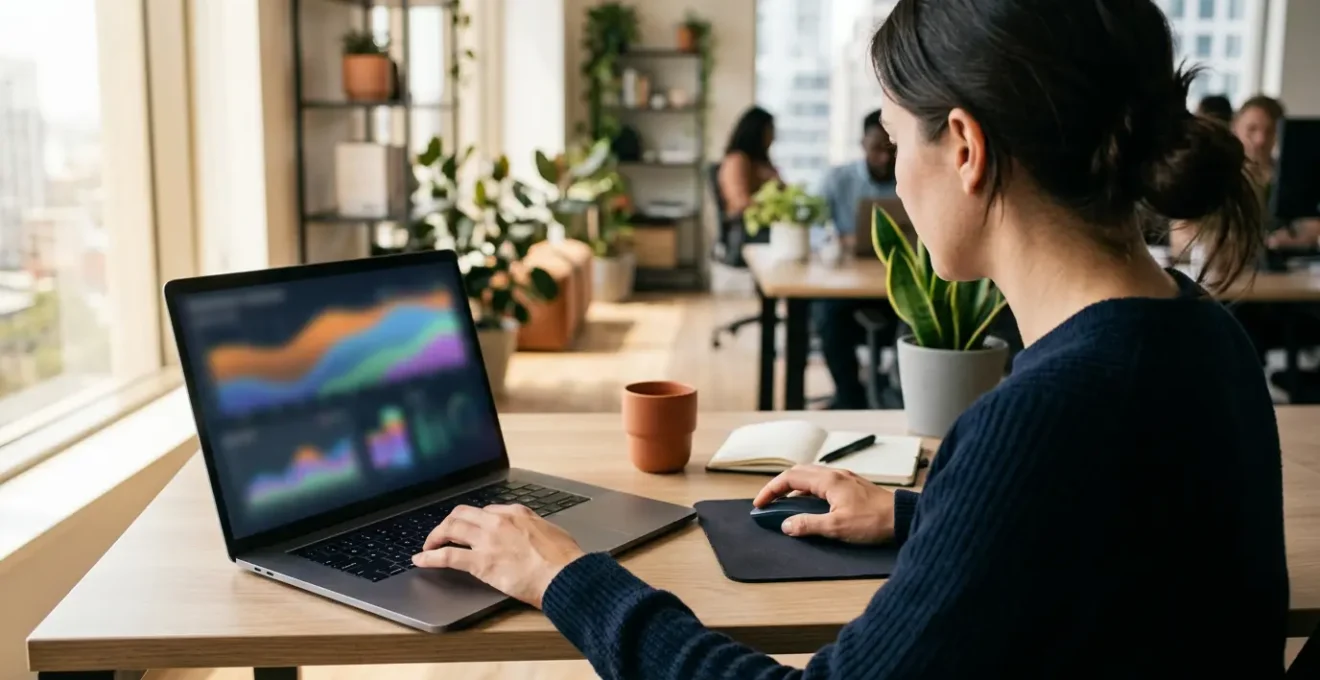 Vue d'un marketeur analysant un dashboard de campagne Google Ads sur son ordinateur dans un bureau moderne