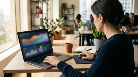 Vue d'un marketeur analysant un dashboard de campagne Google Ads sur son ordinateur dans un bureau moderne