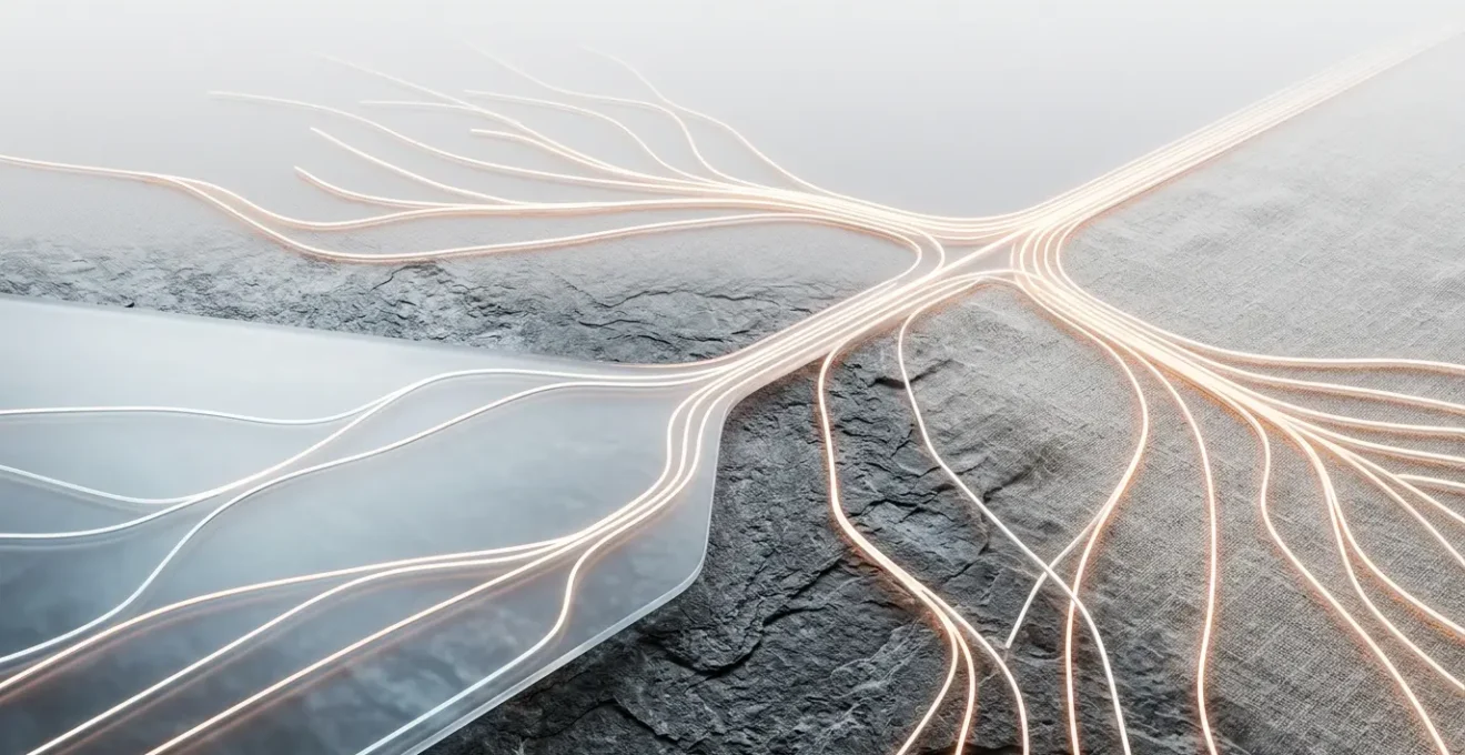 Vue aérienne d'un parcours client représenté comme un chemin lumineux traversant différents environnements symboliques