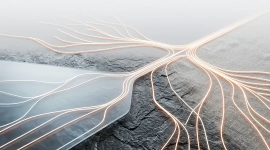 Vue aérienne d'un parcours client représenté comme un chemin lumineux traversant différents environnements symboliques