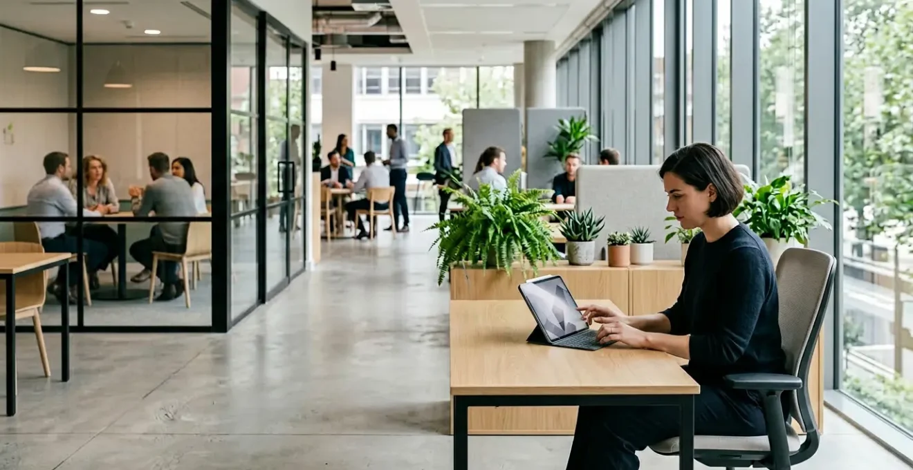 Équipe en espace de coworking moderne gérant plusieurs outils de collaboration sur différents appareils