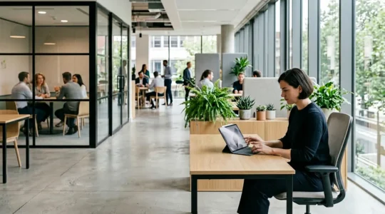Équipe en espace de coworking moderne gérant plusieurs outils de collaboration sur différents appareils