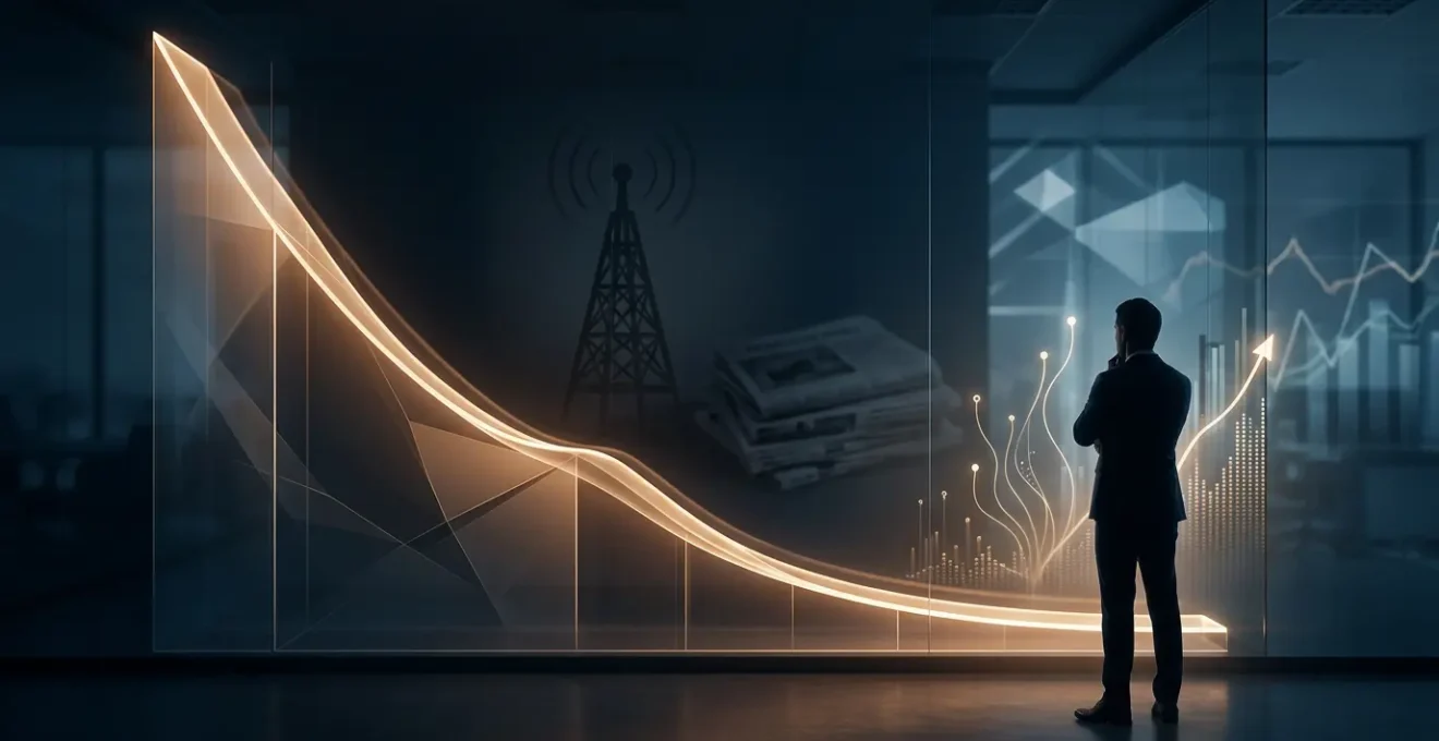 Visualisation du coût décroissant du SEO avec le temps, représenté par une courbe descendante et des graphiques de croissance organique