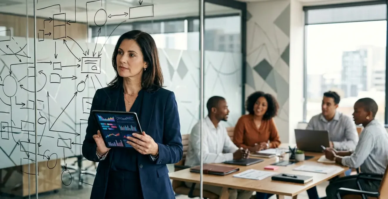 Dirigeant analysant les options de développement logiciel avec équipe stratégique dans un bureau moderne