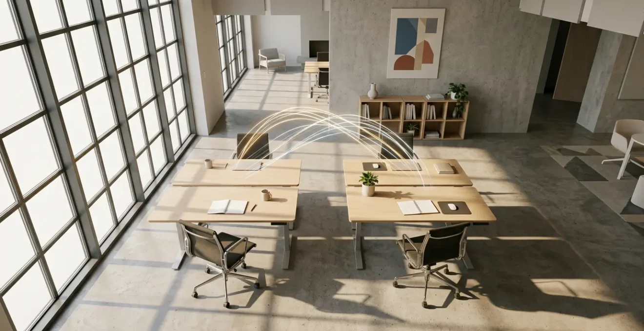 Vue aérienne d'un espace de travail moderne avec deux écrans montrant des interfaces de design connectées par des lignes lumineuses symbolisant la collaboration