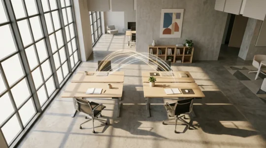 Vue aérienne d'un espace de travail moderne avec deux écrans montrant des interfaces de design connectées par des lignes lumineuses symbolisant la collaboration