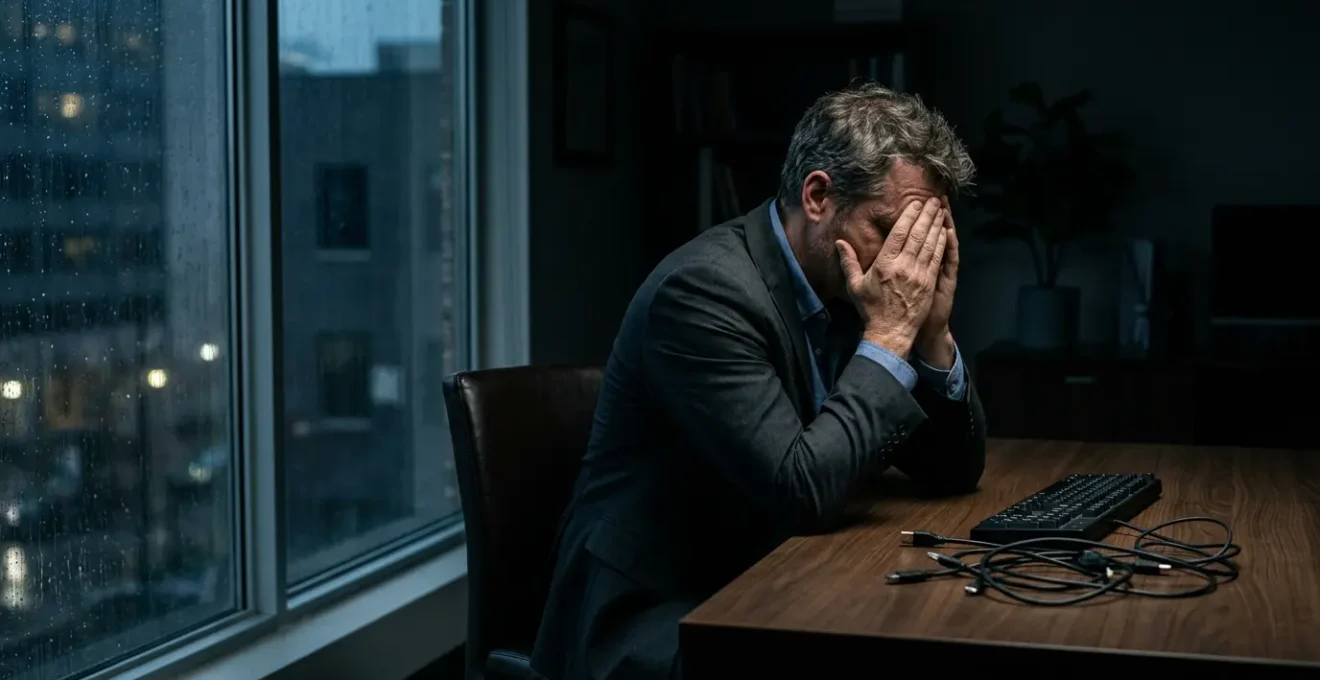 Dirigeant d'entreprise dans l'obscurité face à un bureau vide après une cyberattaque, éclairage dramatique