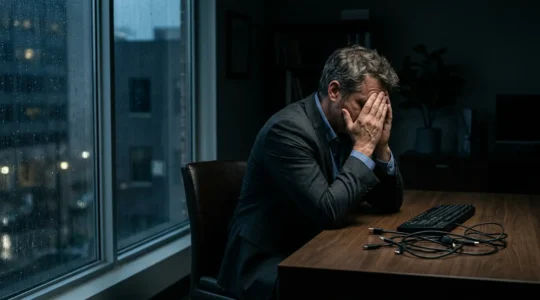 Dirigeant d'entreprise dans l'obscurité face à un bureau vide après une cyberattaque, éclairage dramatique