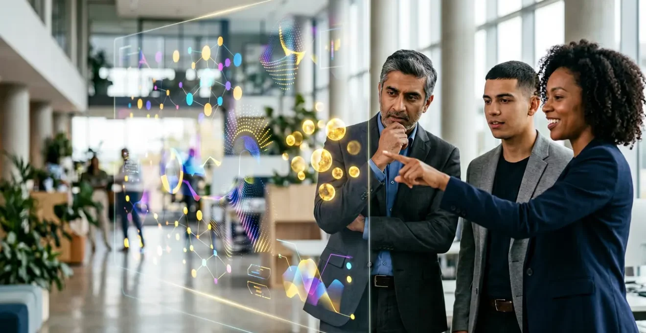 Équipe commerciale analysant des données de leads qualifiés sur un écran interactif