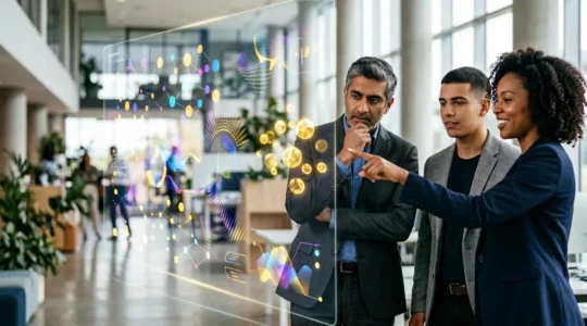 Équipe commerciale analysant des données de leads qualifiés sur un écran interactif