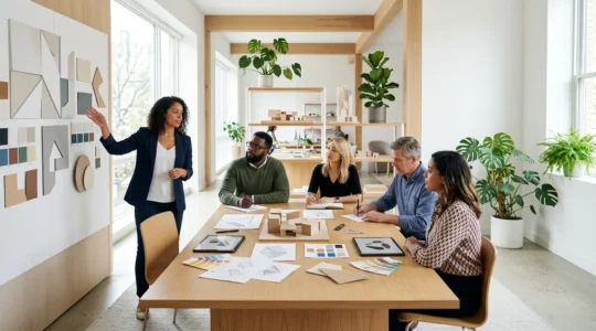 Équipe créative en studio moderne travaillant ensemble sur un projet