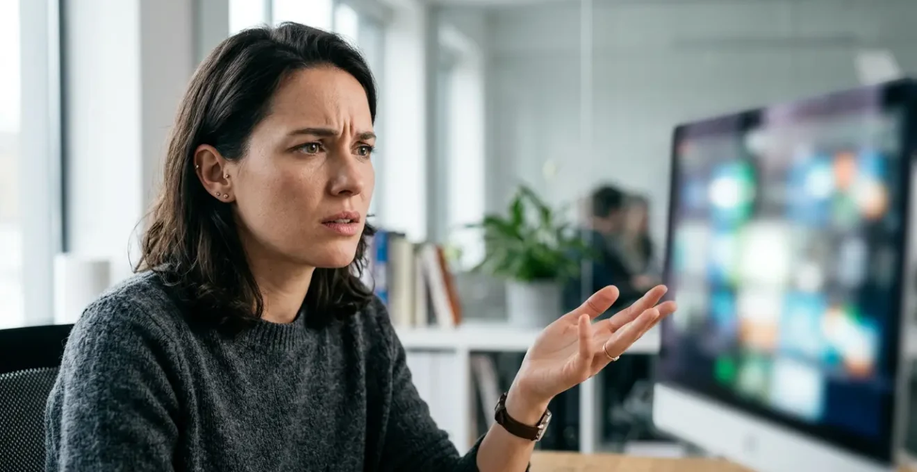 Utilisateur perplexe devant une interface avec des icônes floues et incompréhensibles