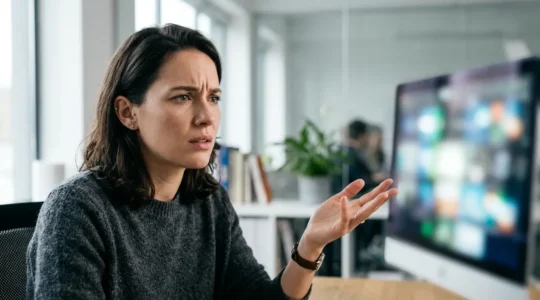 Utilisateur perplexe devant une interface avec des icônes floues et incompréhensibles