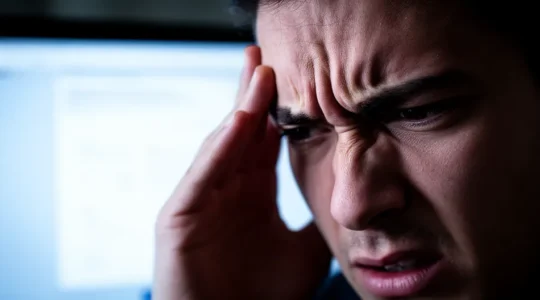 Utilisateur frustré devant un écran d'ordinateur avec interface complexe, éclairage dramatique