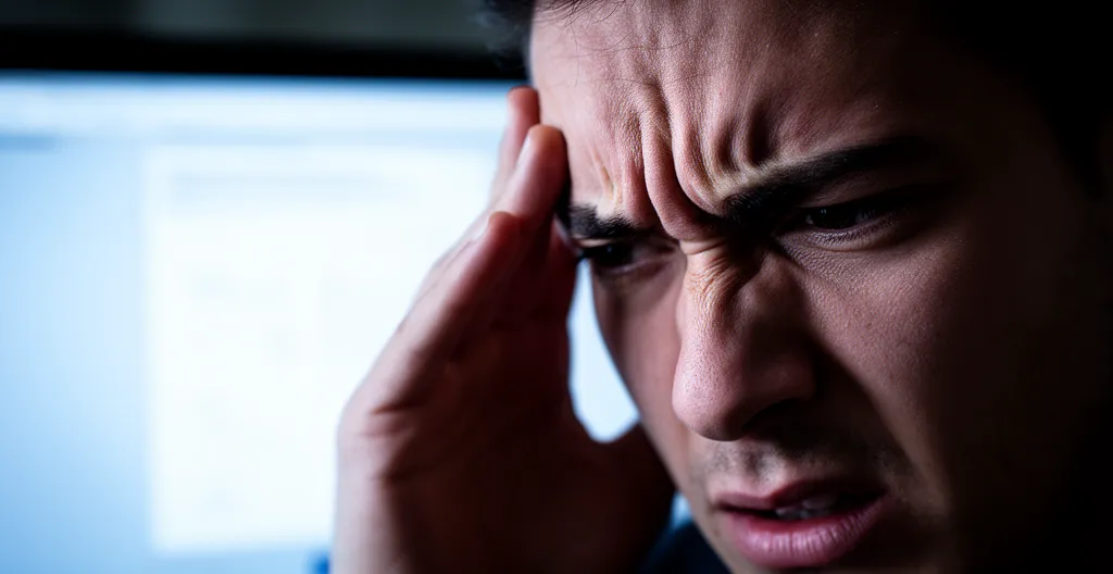 Utilisateur frustré devant un écran d'ordinateur avec interface complexe, éclairage dramatique