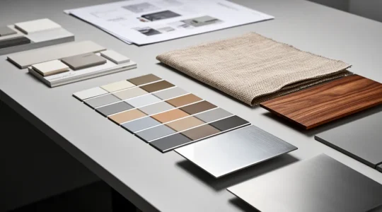 Environnement de travail moderne mettant en valeur une identité visuelle cohérente avec échantillons de matériaux et palette de couleurs