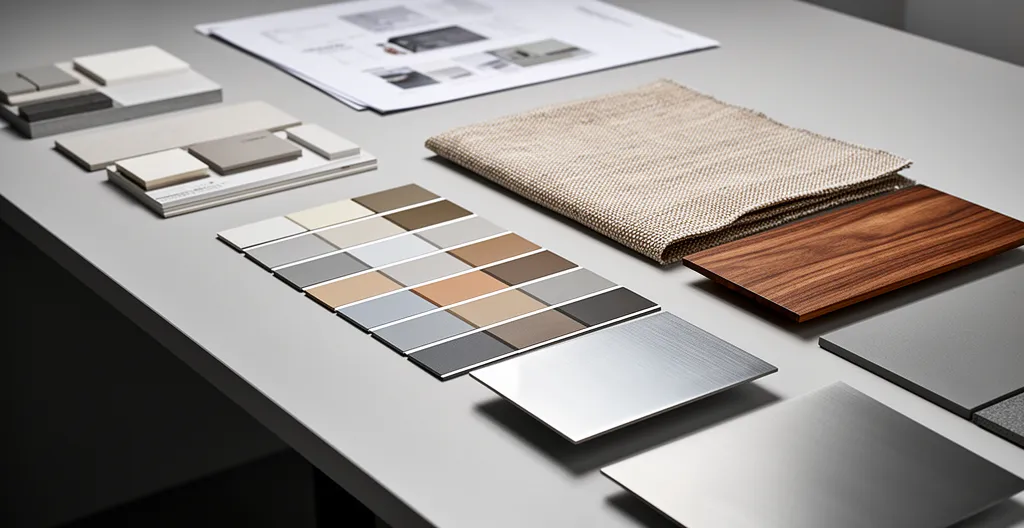 Environnement de travail moderne mettant en valeur une identité visuelle cohérente avec échantillons de matériaux et palette de couleurs