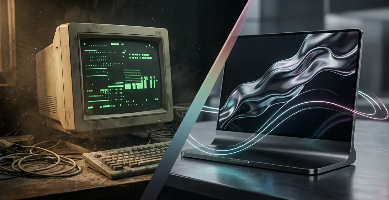 Comparaison visuelle entre une interface moderne animée et une interface statique, montrant l'évolution du design web