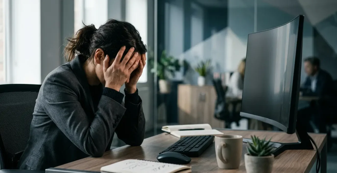 Une personne face à un écran d'ordinateur montrant une interface complexe et désorganisée avec de multiples éléments visuels créant une surcharge cognitive