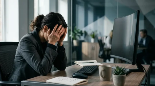 Une personne face à un écran d'ordinateur montrant une interface complexe et désorganisée avec de multiples éléments visuels créant une surcharge cognitive