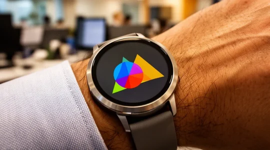 Un logo simplifié sur l'écran d'une Apple Watch, montrant la transformation d'un logo complexe en version minimale adaptée aux petits écrans