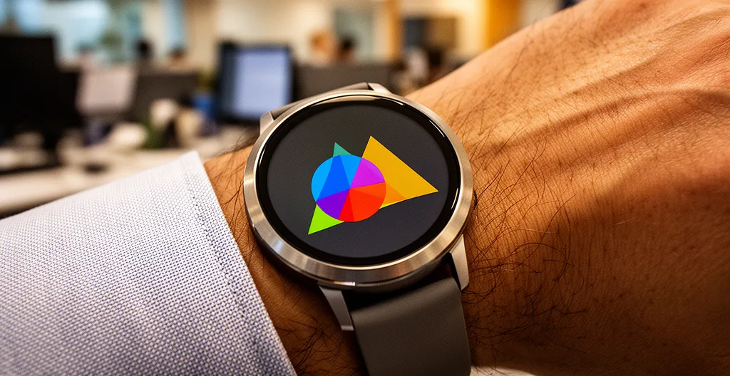 Un logo simplifié sur l'écran d'une Apple Watch, montrant la transformation d'un logo complexe en version minimale adaptée aux petits écrans