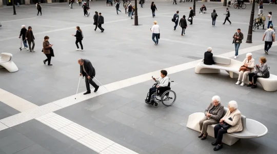 Vue aérienne d'une place animée où des personnes diverses interagissent naturellement dans un espace public accessible