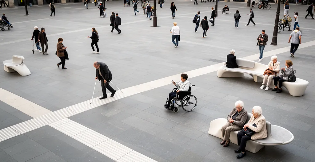 Vue aérienne d'une place animée où des personnes diverses interagissent naturellement dans un espace public accessible