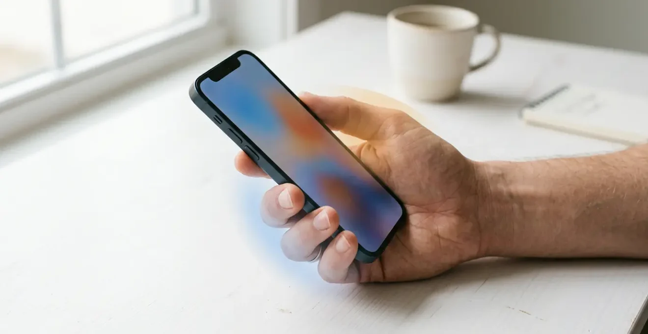 Main tenant un smartphone avec zones de navigation colorées montrant l'accessibilité du pouce