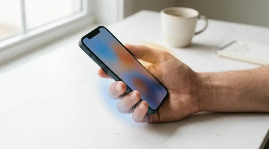 Main tenant un smartphone avec zones de navigation colorées montrant l'accessibilité du pouce