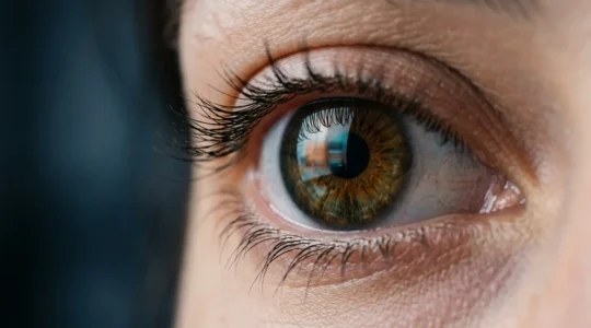 Composition photographique montrant un œil humain en gros plan reflétant un écran d'ordinateur avec des éléments visuels abstraits suggérant un parcours de navigation web