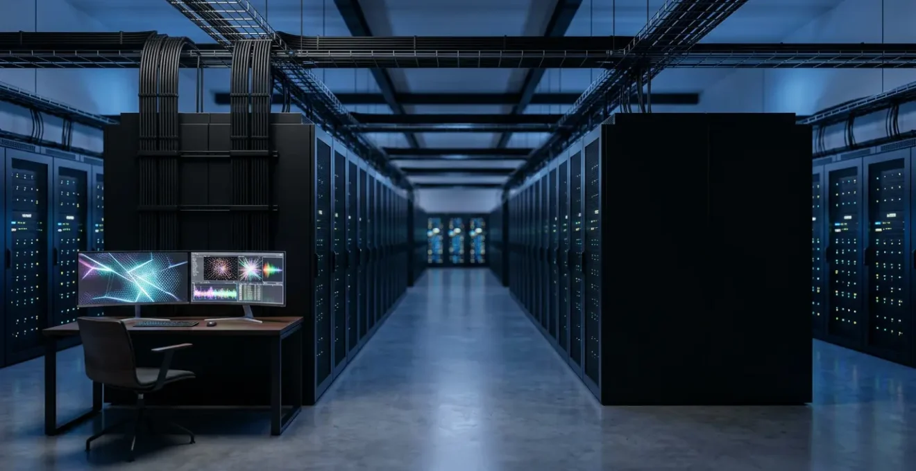Vue d'une salle serveur moderne avec des indicateurs lumineux de sécurité et maintenance