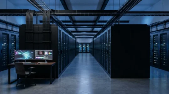Vue d'une salle serveur moderne avec des indicateurs lumineux de sécurité et maintenance