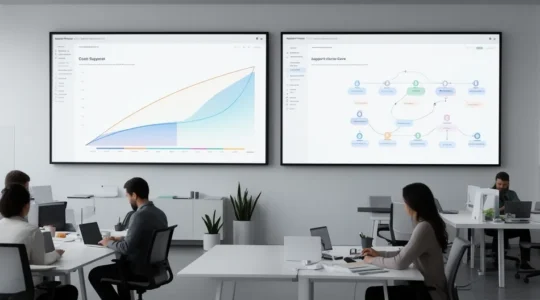 Équipe analysant des données de support client sur plusieurs écrans avec des graphiques de réduction des coûts