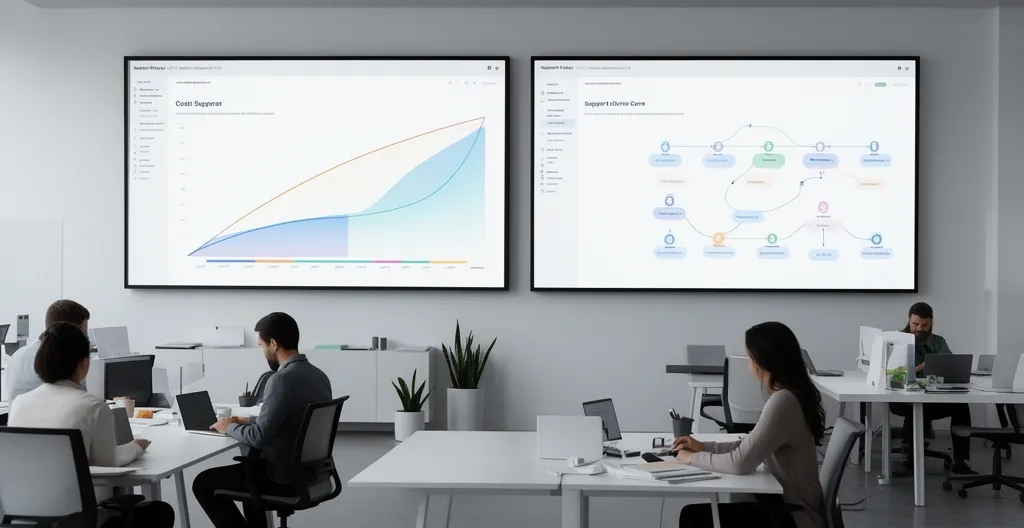 Équipe analysant des données de support client sur plusieurs écrans avec des graphiques de réduction des coûts