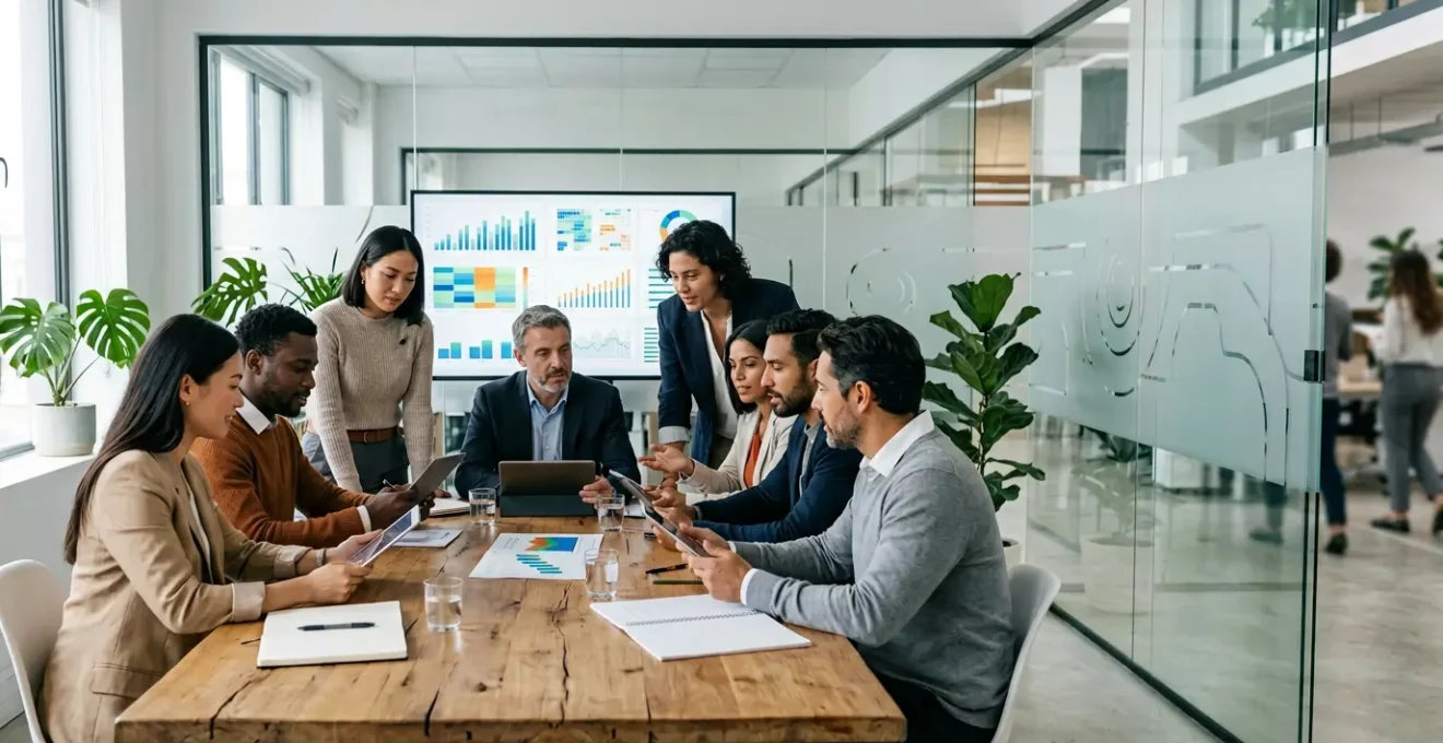 Équipe marketing analysant des données conformes RGPD sur écrans minimalistes dans un bureau moderne