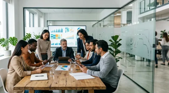 Équipe marketing analysant des données conformes RGPD sur écrans minimalistes dans un bureau moderne