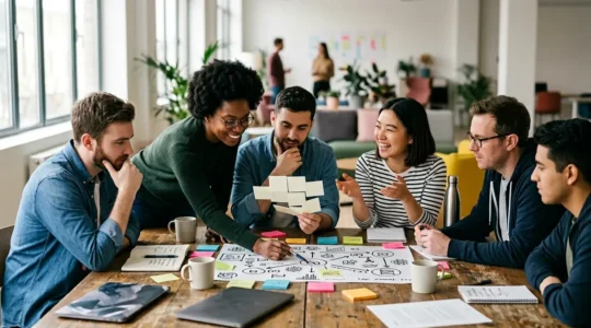 Équipe startup analysant des données utilisateurs lors d'une session de travail collaborative