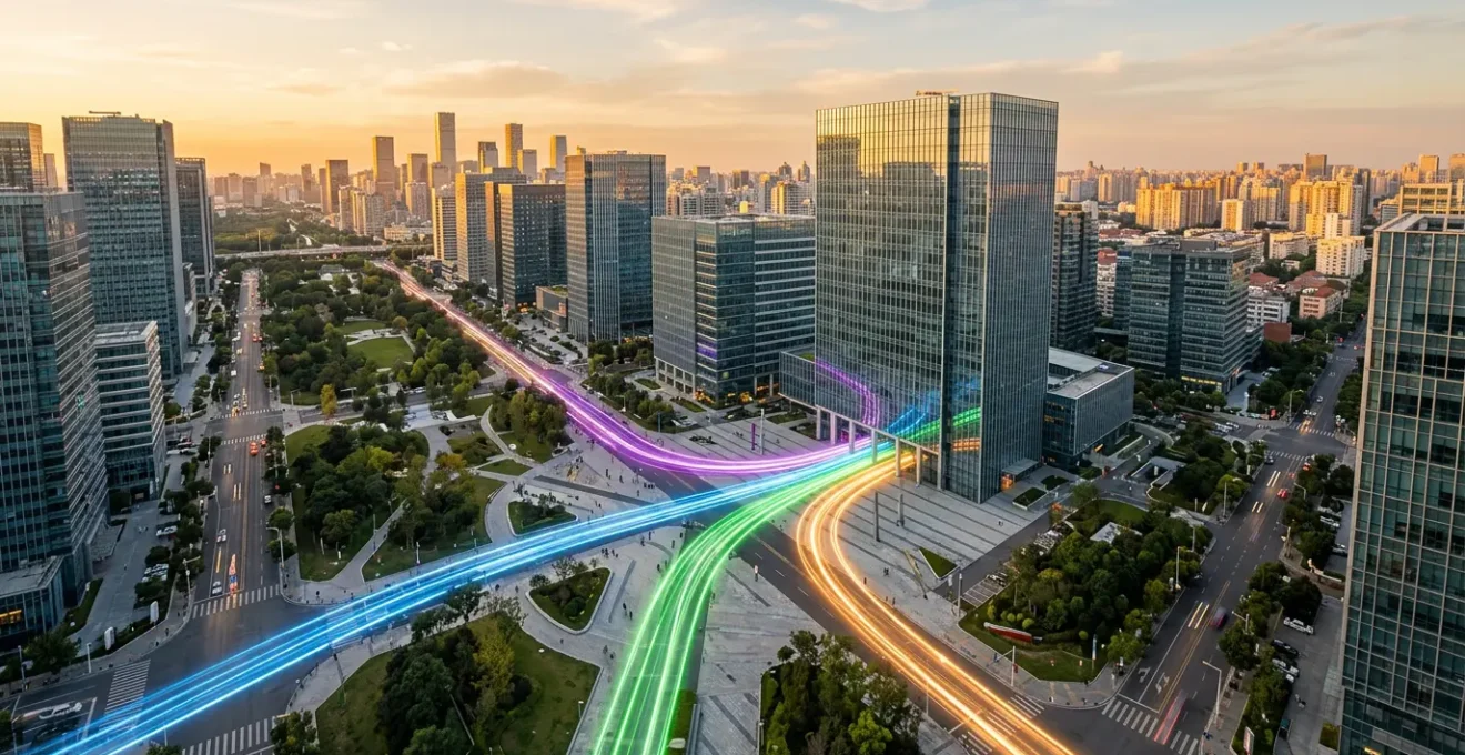 Vue aérienne d'une entreprise moderne avec plusieurs chemins de marketing digital interconnectés, symbolisant la diversification des canaux d'acquisition