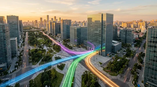 Vue aérienne d'une entreprise moderne avec plusieurs chemins de marketing digital interconnectés, symbolisant la diversification des canaux d'acquisition