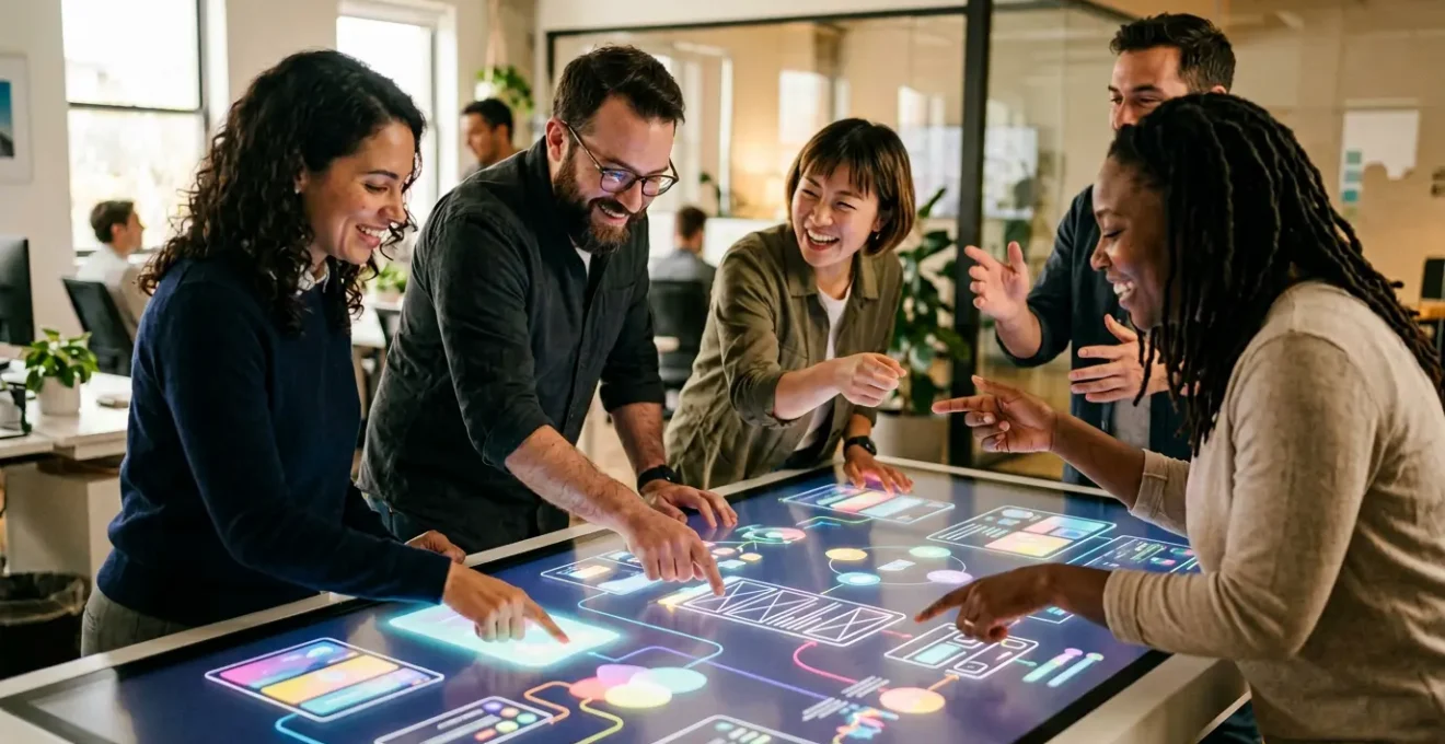Vue collaborative d'une équipe de développement validant un prototype interactif sur une table numérique, avec des mains pointant différents éléments de l'interface projetée
