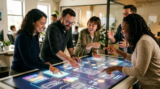 Vue collaborative d'une équipe de développement validant un prototype interactif sur une table numérique, avec des mains pointant différents éléments de l'interface projetée