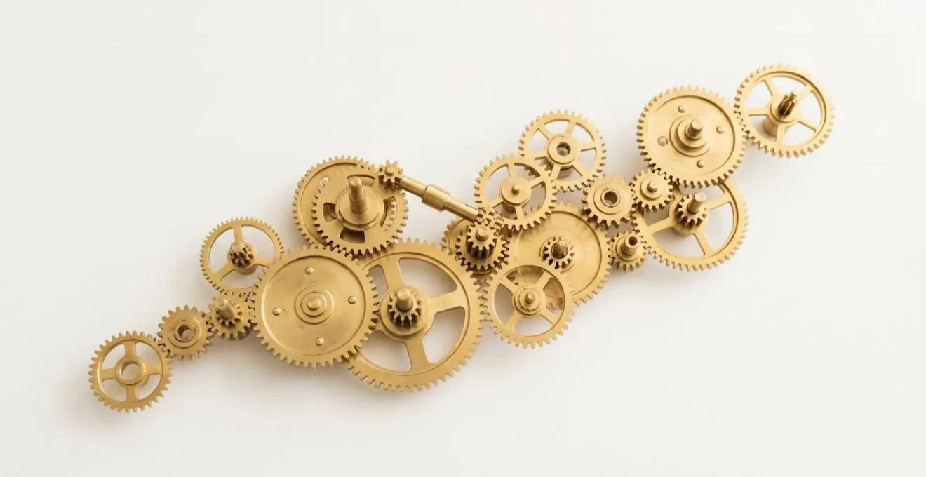 Composition minimaliste d'engrenages mécaniques dorés interconnectés sur fond épuré, symbolisant l'automatisation des processus